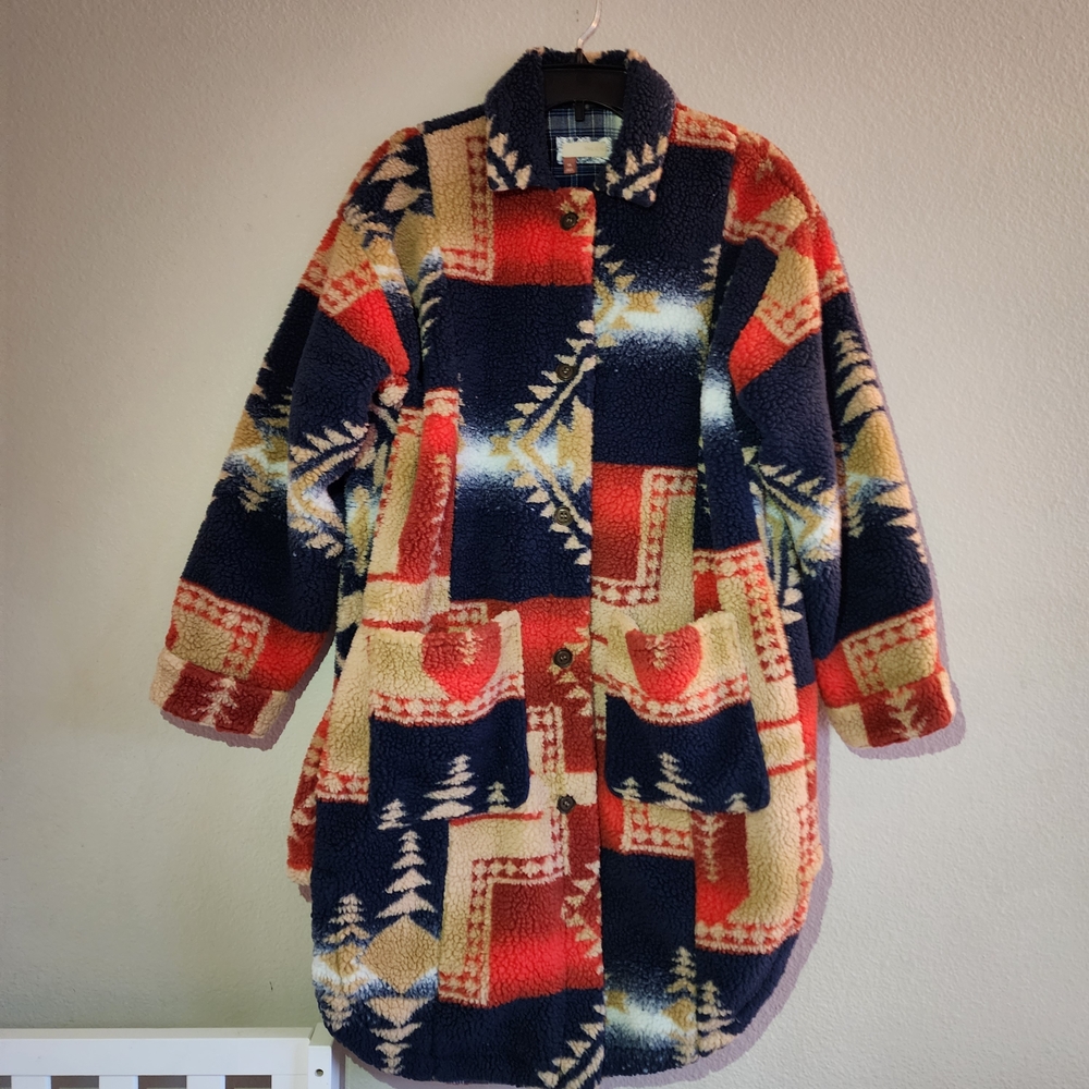 Anthropologie Pilcro Geometric Sherpa Fleece Longline Coat Jacket XS - Picture 2 of 16